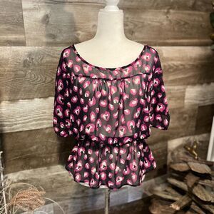 Dina Be pink and navy poppy floral semi-sheer blouse with flared waistband- L